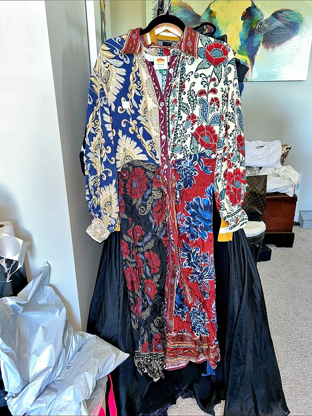Farm Rio Mixed Navy Winter Midi Dress Floral Blue & Red XL